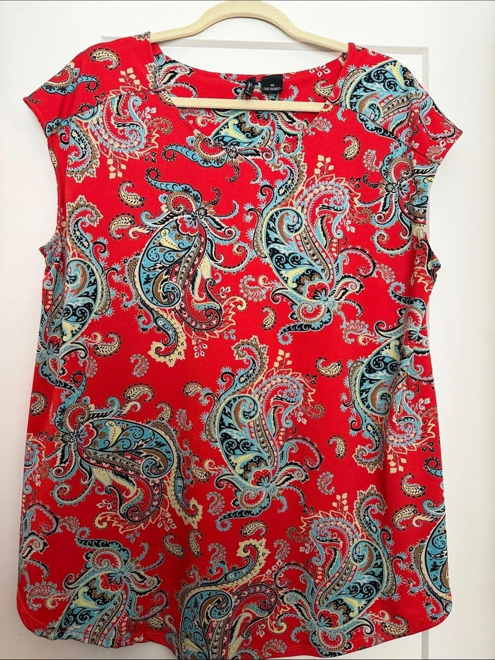 New Directions Paisley Short Sleeve Blouse in Red & Blue Size 1X Like New